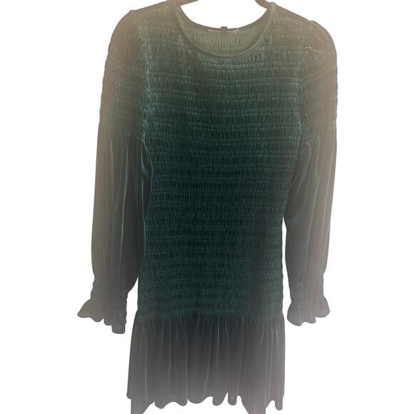 Gianni Bini Women's Smocked Velvet Mini Dress M Long Sleeve Ruffle Hem Green - Picture 9 of 13